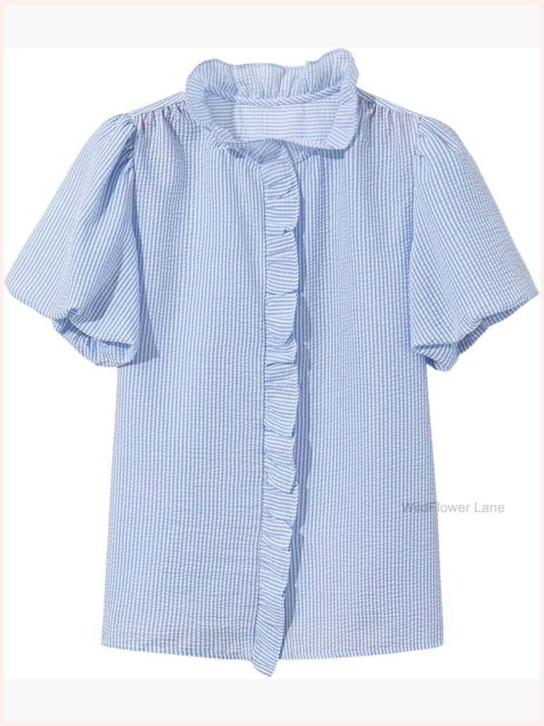 Striped Collared Ruffle Blouse - Short Sleeve Business Casual
